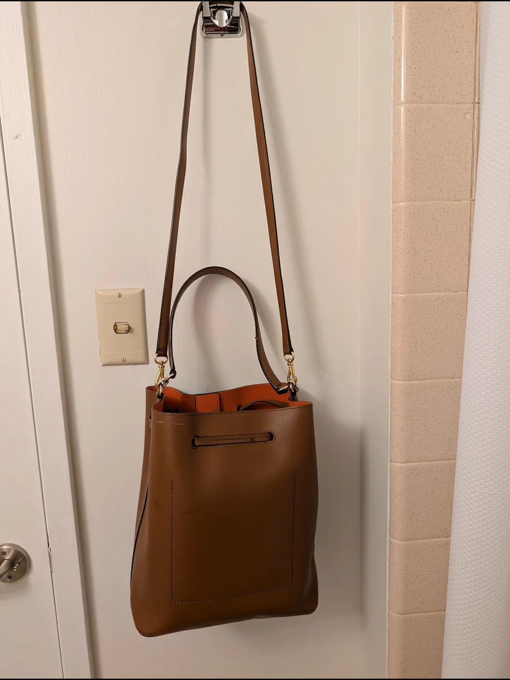 Lauren Ralph Lauren Brown Leather Bucket Bag with Orange Lining